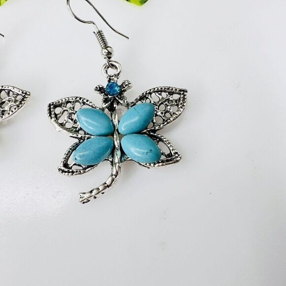 Dragonfly Teal Blue Faux Turquoise Rhinestone Silver Tone Dangle Drop Earrings - Picture 3 of 7
